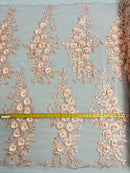 3D Rhinestone Rose Fabric - Blush - Embroidered 3D Roses Design on Mesh Fabric Sold by Yard