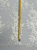 3D Rhinestone Rose Fabric - Off-White - Embroidered 3D Roses Design on Mesh Fabric Sold by Yard