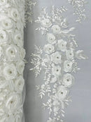 3D Rhinestone Rose Fabric - Off-White - Embroidered 3D Roses Design on Mesh Fabric Sold by Yard
