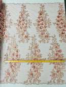 3D Rhinestone Rose Fabric - Dusty Rose - Embroidered 3D Roses Design on Mesh Fabric Sold by Yard
