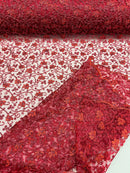 Metallic Floral Lace Fabric - Burgundy - Embroidered  Flower Design on Lace Mesh Fabric By Yard