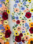 3D Floral and Leaves Embroidery - Peach - Multi Color Flower Design on Mesh by Yard