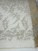 Leaf Plant Cluster Design Fabric - Clear on Nude Mesh - Beaded Embroidered Leaves Design on Lace Mesh By Yard