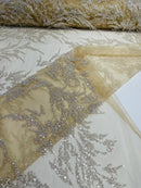 Leaf Plant Cluster Design Fabric - Clear on Nude Mesh - Beaded Embroidered Leaves Design on Lace Mesh By Yard