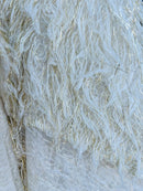 Metallic Eyelash Fabric - Ivory/Gold - Feather/Eyelash/Fringe Design on Mesh By Yard