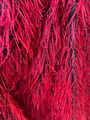 Metallic Eyelash Fabric - Red on Black - Feather/Eyelash/Fringe Design on Mesh By Yard