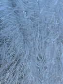 Metallic Eyelash Fabric - White - Feather/Eyelash/Fringe Design on Mesh By Yard