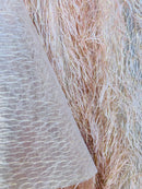 Metallic Eyelash Fabric - Peach - Feather/Eyelash/Fringe Design on Mesh By Yard