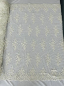 Beaded Shiny Floral Cluster - Off-White - Embroidered Luxury Floral Design by Yard
