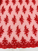 Beaded Shiny Floral Cluster - Red - Embroidered Luxury Floral Design by Yard