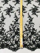 Beaded Floral Cluster - Black - Fancy Embroidered Glamorous Floral Design by Yard