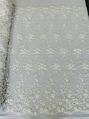 Beaded Floral Cluster - White - Fancy Embroidered Glamorous Floral Design by Yard