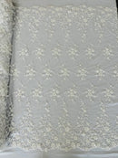Beaded Floral Cluster - White - Fancy Embroidered Glamorous Floral Design by Yard