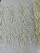 Sea Plant Design Fabric - Ivory - Beaded Embroidered Sea Plant Design Fabric by Yard