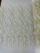 Sea Plant Design Fabric - Ivory - Beaded Embroidered Sea Plant Design Fabric by Yard
