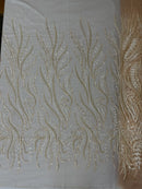 Sea Plant Design Fabric - Clear on Nude Mesh - Beaded Embroidered Sea Plant Design Fabric by Yard