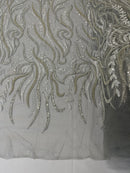 Sea Plant Design Fabric - Silver - Beaded Embroidered Sea Plant Design Fabric by Yard