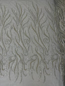 Sea Plant Design Fabric - Silver - Beaded Embroidered Sea Plant Design Fabric by Yard