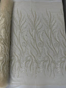 Sea Plant Design Fabric - Clear on Cream Mesh - Beaded Embroidered Sea Plant Design Fabric by Yard
