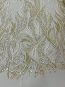 Fire Flame Bead Design - Clear Cream - Embroidered Fire Flame Design Fabric with Beads by Yard