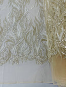 Fire Flame Bead Design - Clear Cream - Embroidered Fire Flame Design Fabric with Beads by Yard