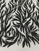Fire Flame Bead Design - Black - Embroidered Fire Flame Design Fabric with Beads by Yard