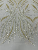 Beaded Elegant Leaf Fabric - Ivory - Embroidered Leaf Design Beaded Fabric Sold by Yard