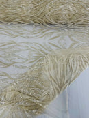 Beaded Elegant Leaf Fabric - Clear - Embroidered Leaf Design Beaded Fabric Sold by Yard