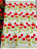 Rose Plant Lace Fabric - Red on Black - Embroidered Full Rose Design on Lace By Yard