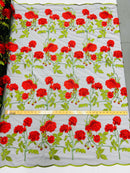 Rose Plant Lace Fabric - Red on Black - Embroidered Full Rose Design on Lace By Yard