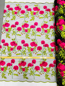 Rose Plant Lace Fabric - Fuchsia on White - Embroidered Full Rose Design on Lace By Yard