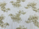 3D Flowers and Rhinestone - Light Silver - Elegant Realistic Flowers Embroidered On Lace Fabric By Yard