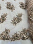 3D Floral Clusters with Rhinestone - Dark Nude Black Thread Embroidered Flowers Beads On Lace Yard