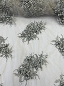 3D Floral Clusters with Rhinestone - Silver Embroidered Flowers Beads On Lace Yard