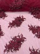 3D Floral Clusters with Rhinestone - Burgundy Embroidered Flowers Beads On Lace Yard
