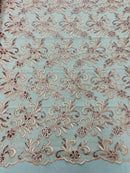 Small Flower Fabric - Peach - Floral Plant Embroidered Design on Lace Mesh By Yard