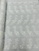 Floral Plant Cluster Fabric - White - Embroidered High Quality Lace Fabric Sold by Yard