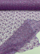 Metallic Floral Lace Fabric - Lilac - Embroidered  Flower Design on Lace Mesh Fabric By Yard