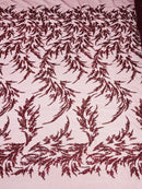 Leaf Plant Cluster Design Fabric - Burgundy - Beaded Embroidered Leaves Design on Lace Mesh By Yard