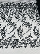 Leaf Plant Cluster Design Fabric - Black - Beaded Embroidered Leaves Design on Lace Mesh By Yard