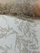Leaf Plant Cluster Design Fabric - Clear Blush on Mesh - Beaded Embroidered Leaves Design on Lace Mesh By Yard