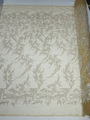 Leaf Plant Cluster Design Fabric - Clear on Nude Mesh - Beaded Embroidered Leaves Design on Lace Mesh By Yard