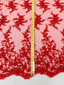 Beaded Floral Cluster - Red - Fancy Embroidered Glamorous Floral Design Sold by Yard
