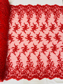 Beaded Floral Cluster - Red - Fancy Embroidered Glamorous Floral Design Sold by Yard