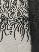 Sea Plant Design Fabric - Black - Beaded Embroidered Sea Plant Design Fabric by Yard