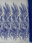 Sea Plant Design Fabric - Royal Blue - Beaded Embroidered Sea Plant Design Fabric by Yard