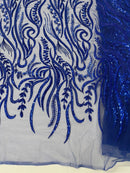 Sea Plant Design Fabric - Royal Blue - Beaded Embroidered Sea Plant Design Fabric by Yard