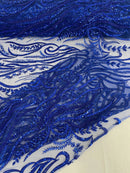 Sea Plant Design Fabric - Royal Blue - Beaded Embroidered Sea Plant Design Fabric by Yard