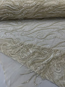 Sea Plant Design Fabric - Clear on Cream Mesh - Beaded Embroidered Sea Plant Design Fabric by Yard