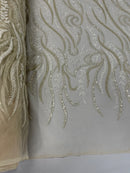 Sea Plant Design Fabric - Clear on Cream Mesh - Beaded Embroidered Sea Plant Design Fabric by Yard